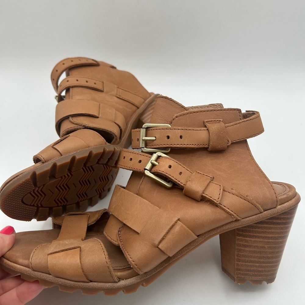 NEW Sorel Nadia Buckle Heel Sandal Camel Brown Leather Boho Chunky Size 8.5 - Picture 7 of 13